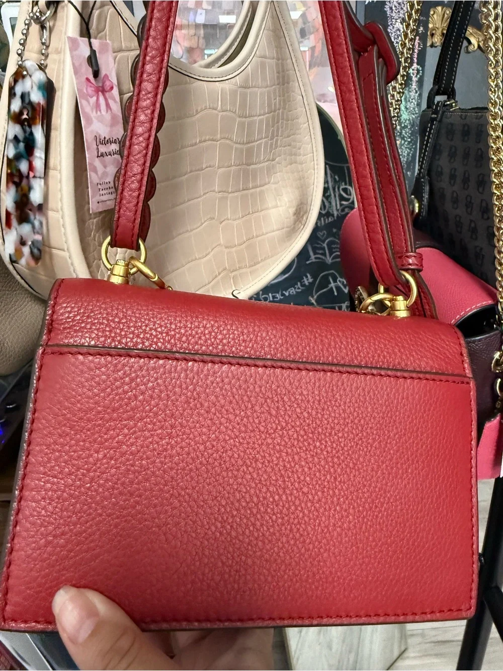 Tory Burch Red Pebbled Leather Shoulder Bag with Gold Hardware